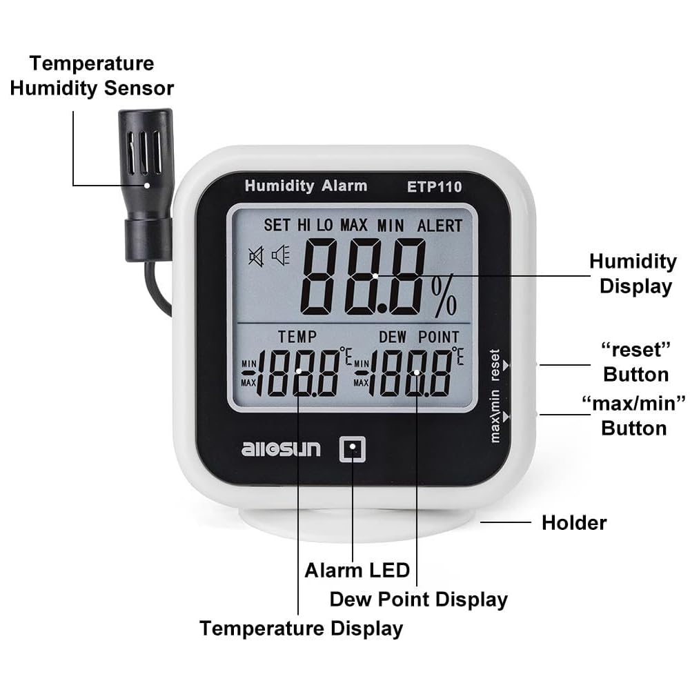 ALLOSUN Digital Thermometer Hygrometer Indoor Humidity Greenhouse Temperature Monitor Alarm Long Probe Gauge Dew-Point Meter with LCD Display