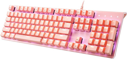 i-rocks K75M Illuminated Mechanical Keyboard, 104 Keys, PBT Keycaps, Backlit LED Light and Shortcut Keys - Programmable Light & Macro Recorder (Cherry MX Red Switch, Pink)