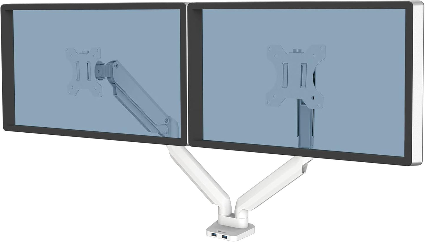 Fellowes Platinum Series Dual Monitor Arm for 40-Inch Monitors, Full Motion, 360° Rotation, VESA Mount with Grommet or Clamp, USB Ports, Ergonomic, White, 8056301