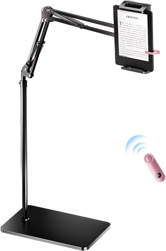 Floor Stand for Kindle with Remote Page Turner, Holder Stand for Reading in Bed with Clicker – for Kindle Paperwhite, Oasis,Tablet, iPhone and More 4.7-11 inch,Pink Remote