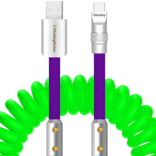 chubbycable Colorblock Chubby - Spring Braided Silicone Charge Cable Coiled USB C Cable Fast Charging Type C Charger Cord for Car, Green+Purple, USB-A to Type-C, 2.29FT-3.6FT