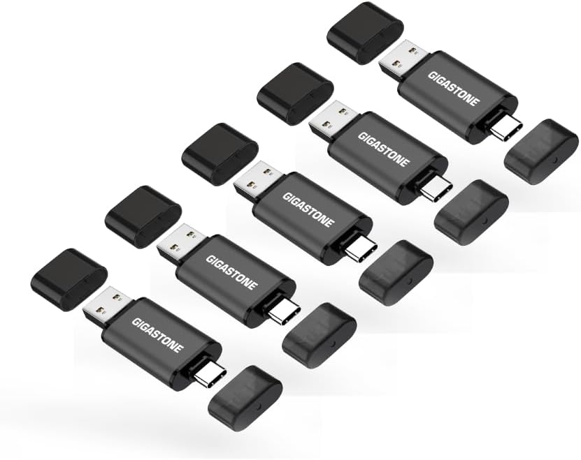 GIGASTONE 64GB Dual Flash Drive (5 Pack) Z40 USB 3.2 Gen 1, 2-in-1 Type-A & Type-C, 100MB/s Ultra Fast, Head Cap Design, Plug & Play for Smartphone/PC/Mac/TV/Car Audio, USB 2.0/3.0/3.1 Compatible
