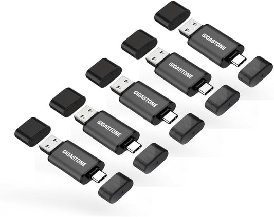 GIGASTONE 64GB Dual Flash Drive (5 Pack) Z40 USB 3.2 Gen 1, 2-in-1 Type-A & Type-C, 100MB/s Ultra Fast, Head Cap Design, Plug & Play for Smartphone/PC/Mac/TV/Car Audio, USB 2.0/3.0/3.1 Compatible