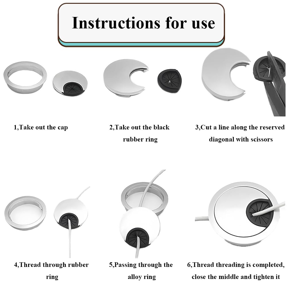 HAHIYO 2Pcs 2.4Inch/60mm Brushed Silver Zinc Alloy Desk Grommet Wire Grommet Cable Management Cord Hole Cover Desk Wire Hole Insert Wire Organizer for Computer Office Home School Equipment Systems