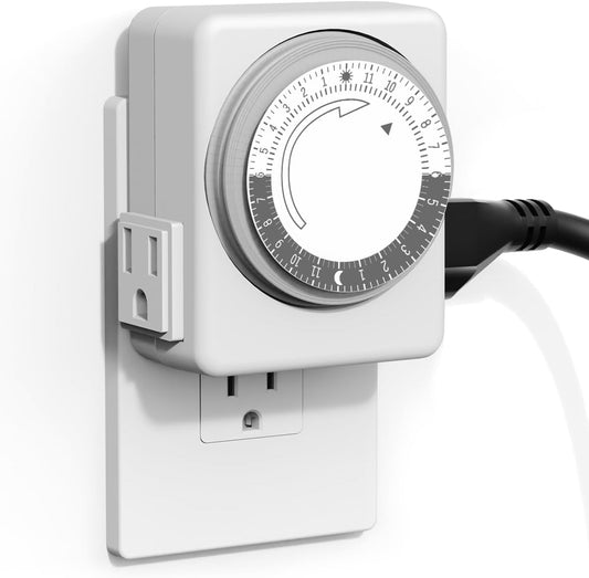 HBN Outlet Timer for Electrical Outlets Indoor, 24 Hour Mechanical Light Timers for Lamps, Dual 3-Prong Plug-in Outlets, 15-Minute Intervals, Heavy Duty Daily Cycle, 1 Pack