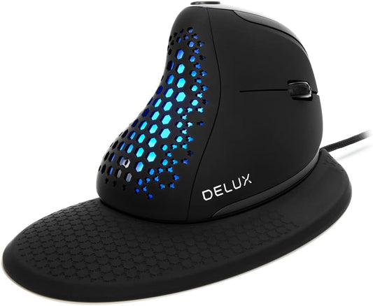 DeLUX Seeker Wired Ergonomic Vertical Mouse with Thumb Wheel, Optical Computer Mouse with 6 Programmable Buttons, 4000 DPI, RGB Backlight, Removable Wrist Rest for Carpal Tunnel (M618XSU-Black)