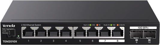 Tenda TEM2010X 8 Port 2.5G Ethernet Switch, Unmanaged 2.5Gb Switch with 8 x 2.5G Ports & 2 x 10Gb SFP+ Slots, Support VLAN & Static Link Aggregation, 80Gbps Switching Capacity, Fanless Metal Design