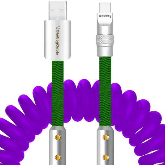 chubbycable Colorblock Chubby - Spring Braided Silicone Charge Cable Coiled USB C Cable Fast Charging Type C Charger Cord for Car, Purple+Green, USB-A to Type-C, 2.29FT-3.6FT