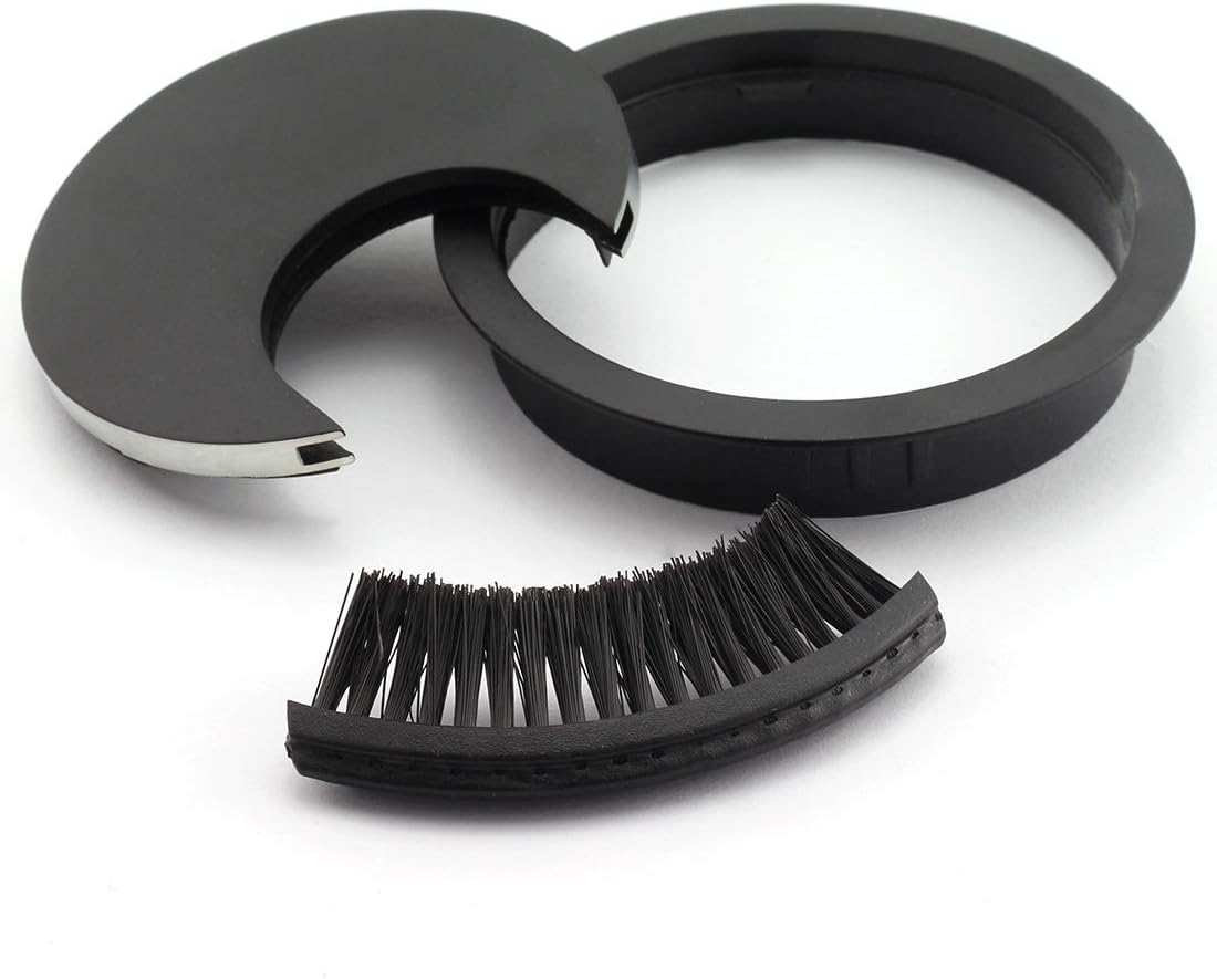 HJ Garden 1pc 2-3/8 inch (60mm) Metal Desk Grommets with Brush Open for Managing and Hiding Wire Cord Cable Hole Cover Office PC Desk Cable Cord Organizer Zinc Alloy Cover Black