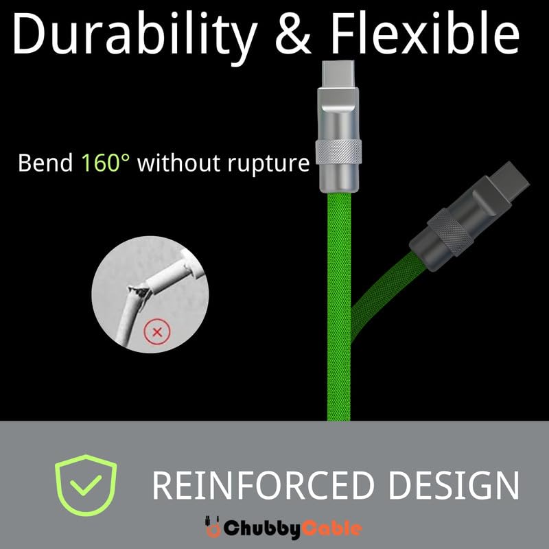 Chubbycable Colorblock Chubby - Braided Silicone Charge Cable, USB C Coiled Cord, Fast Charging Type C to Type C, 2.29FT-3.6FT, Green+Black