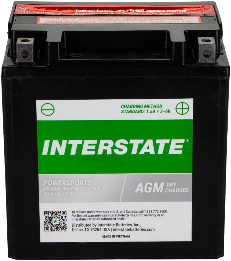 Interstate Batteries YIX30L-BS 12V 30Ah Powersports Battery 400CCA High-Performance AGM Rechargeable Replacement for Harley, Polaris, BMW Motorcycles, ATVs, UTVs, Snowmobiles (CITX30L-BS)