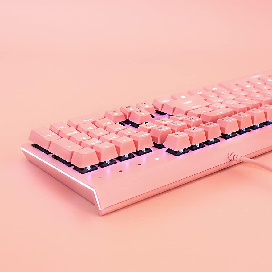 i-rocks K75M Illuminated Mechanical Keyboard, 104 Keys, PBT Keycaps, Backlit LED Light and Shortcut Keys - Programmable Light & Macro Recorder (Cherry MX Red Switch, Pink)