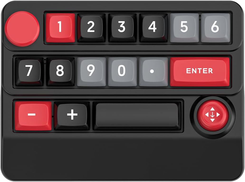 Adventurers W909 Wireless RGB Mechanical Numeric Keypad, Hot-Swappable, Macro-Programmable Numpad, Joystick & Knob Control for PC/Tablet/Laptop/Phone, Tri-Mode Connectivity (Red on Black)