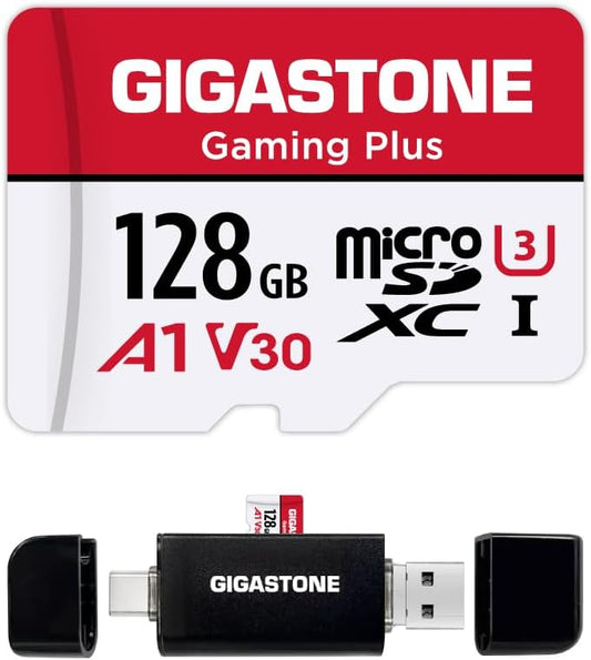 GIGASTONE 128GB Micro SD Card with USB Type C Card Reader, Gaming Plus, MicroSDXC Memory Card for Nintendo-Switch 1, 4K Video Recording, UHS-I A1 U3 V30 C10, up to 100MB/s, with Adapter