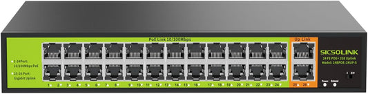 POE Switch with 24 Port POE + 2 Gigabit Uplink,802.3af/at PoE+ 100Mbps, 400W Built-in Power,Unmanaged, Extend to 250M for Security Camera System, AP, IP Phone.