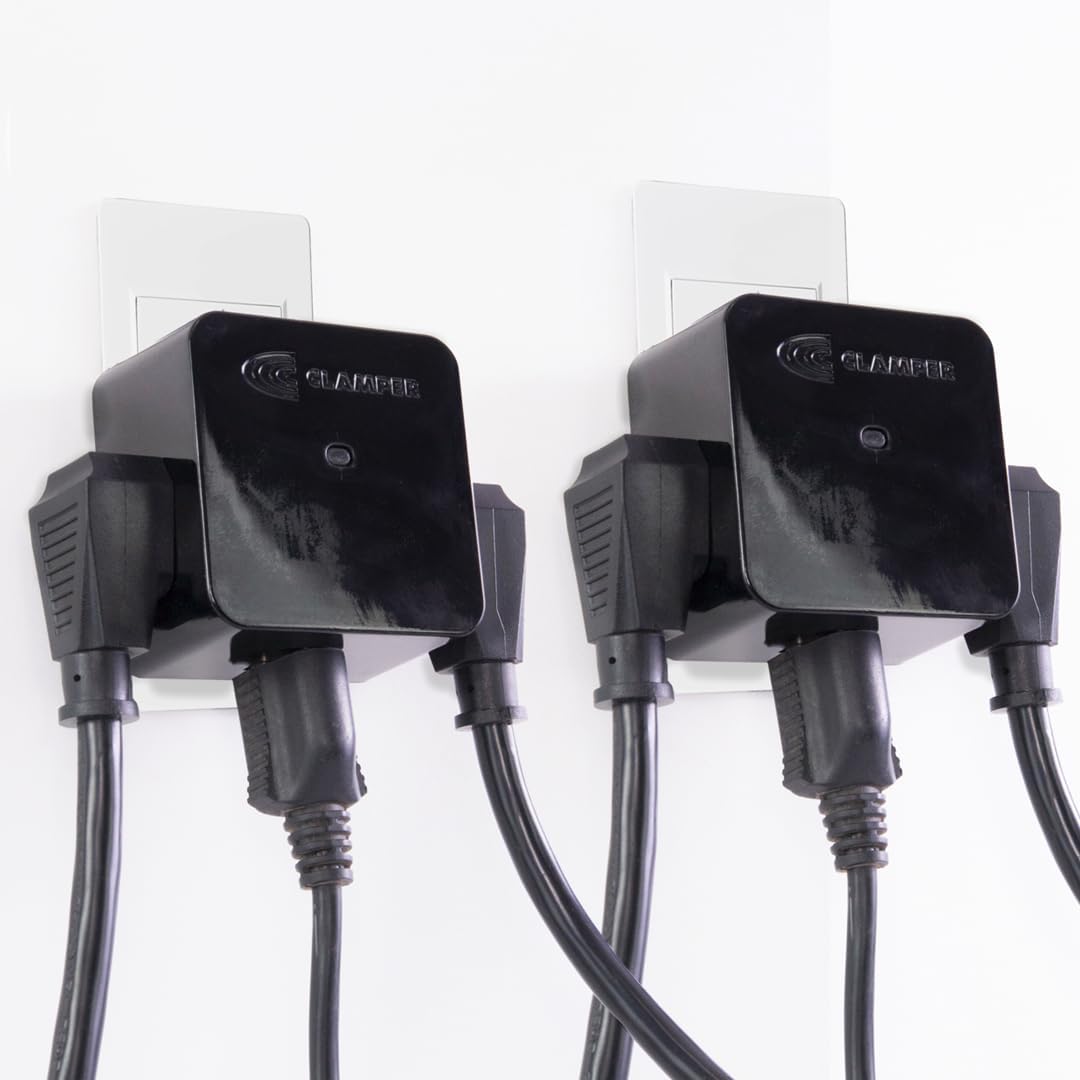 Clamper 3-Outlet Surge Protector 1800 Joules, 1875W, for TV, PC, Xbox, PS5, Refrigerators and Other Appliances (Compact Wall Surge Protector), iCLAMPER Power 3, 2-Pack Black