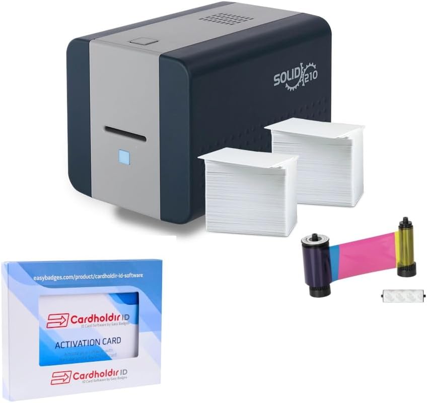 Easy Badges Solid 210 ID Badge Printer | with Beginner Software, & Everything Needed to Design and Print 200 ID Cards, | Single Sided Employee & Student ID Card Printer