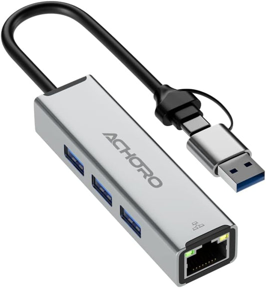 ACHORO USB Port Expender with LAN - Built in USB A & USB C to USB Port Ethernet Port Adapter - Multiple USB Port for PC, Mac - Aluminium Alloy Extra 3 USB Ports with RJ45 USB Hub (LAN & USB Ports)