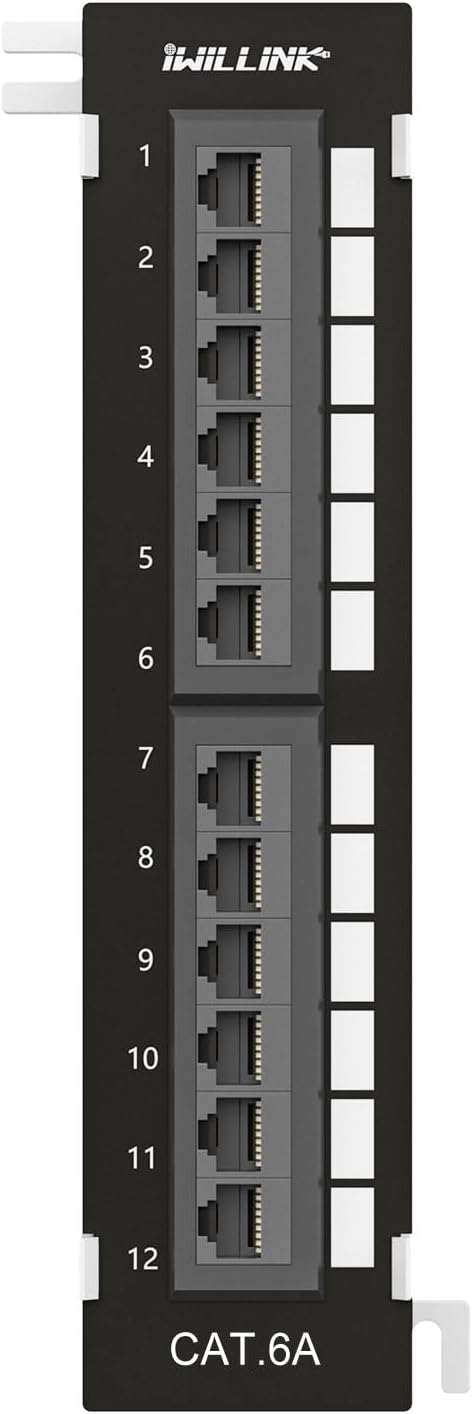 iwillink 12 Port 10Gbps Cat6A Network Patch Panel with Wall & Bracket Mount for Cat 6A/6/5e/5 Cabling