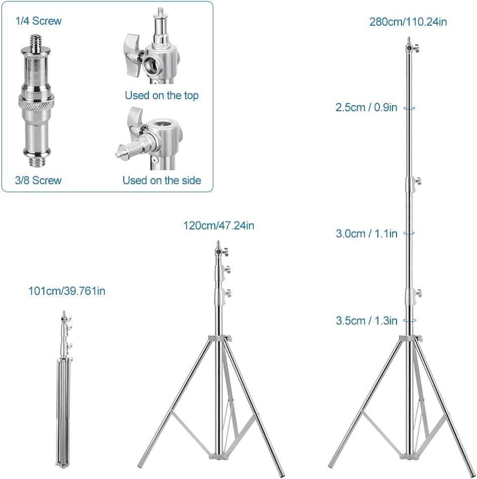Heavy Duty Light Stand Tripod Stand for Photography, 9.19 Feet/2.8m Stainless Steel Light Tripods for Softbox, Speedlight, Strobe Light, Umbrella - Pack of 2