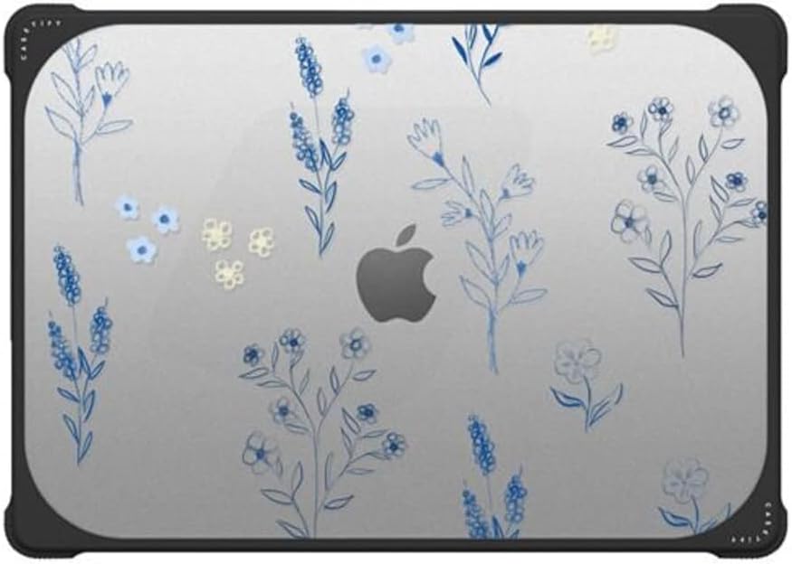 CASETiFY Bounce MacBook Pro 16-inch (M3/M4) Case [Enhanced Protective Corner Design/Ventilation Cutouts/Anti-Slip Grip] - Small Blue Flowers - Clear Black