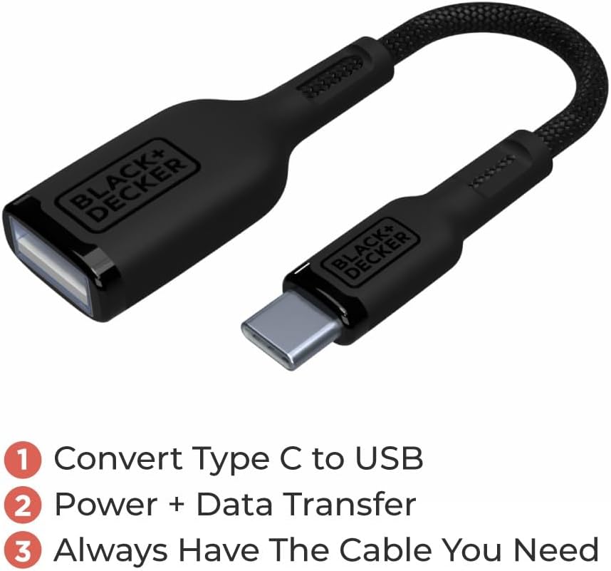BLACK+DECKER USB C to USB A Adapter, USB C Male to USB Female Adapter Nylon Braid, Type C OTG Cable Compatible w/iPhone 16 15 Pro, MacBook Pro 2022/Air/Mini, iPad—2 Pack, 3" (Black)