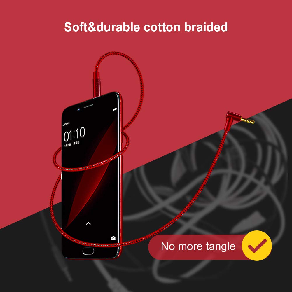 CableCreation Audio Cable, 3FT 3.5mm Right Angle Male to Male Auxiliary Jack HiFi Cable with Silver-Plating Copper Core,24KGold Plated, Red