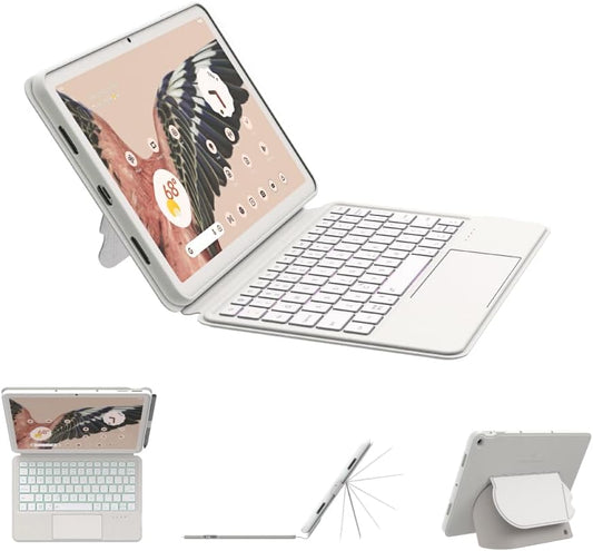 EIP Magnetix Keyboard Case for Google Pixel Tablet 11 inch (2023), Adjustable Viewing Angle, Detachable, Easy Carry, Protective Cover Compatible with Speaker Dock, 7 Backlight Color, White, US Layout