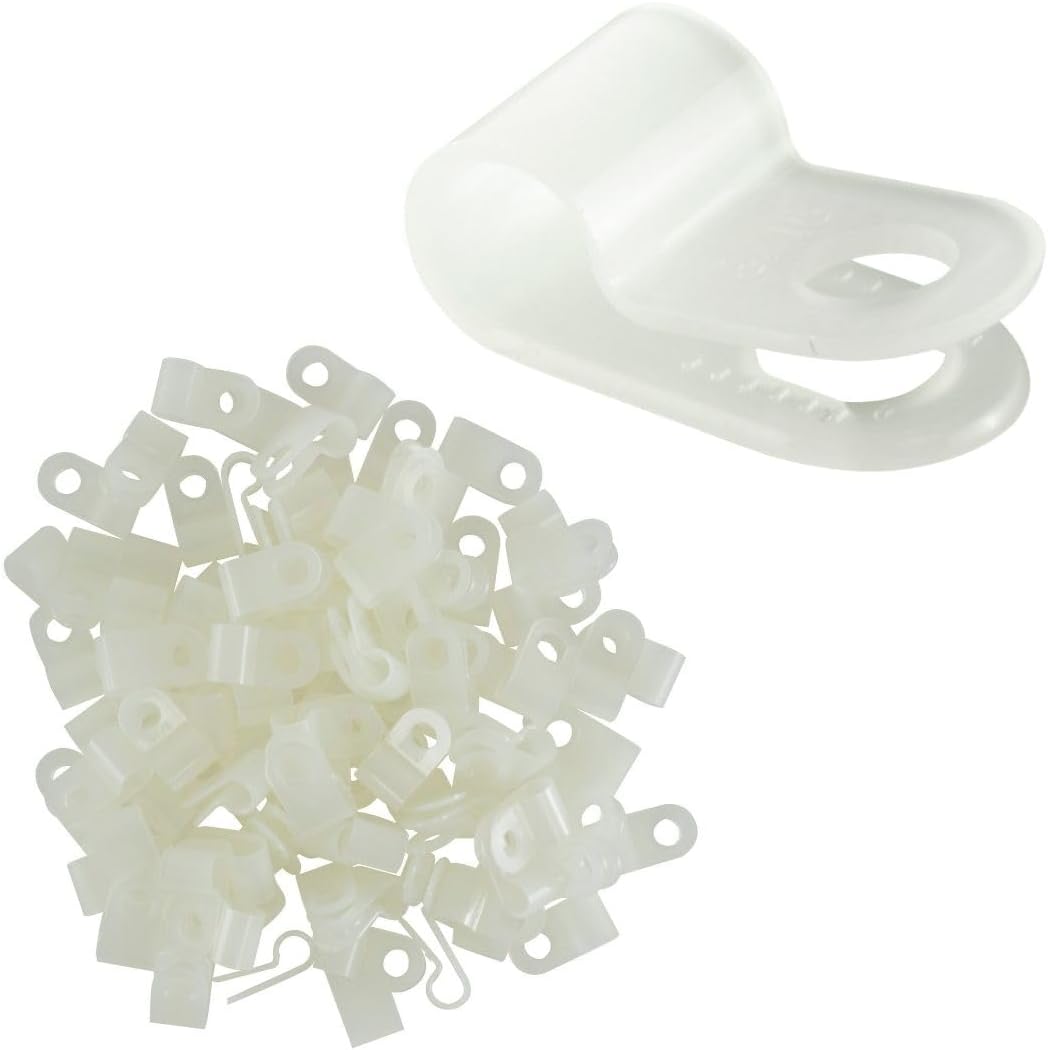 GTSE White Nylon Plastic Cable Clamps, 3/16" Screw Mounts for Cable, Rope, Tube Management, 100 Pack
