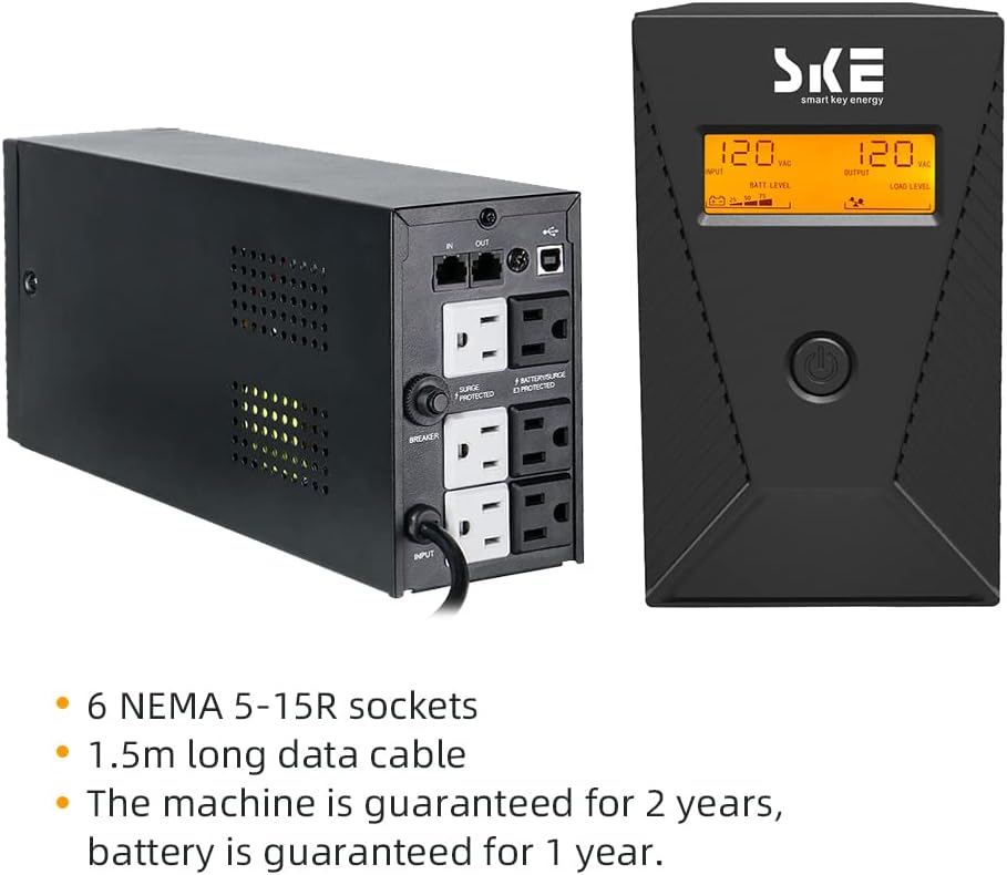 600VA/360W Ups Battery Backup and Surge Protector,Computer Uninterruptible Power Supply Units,SKE Ups Power Supply
