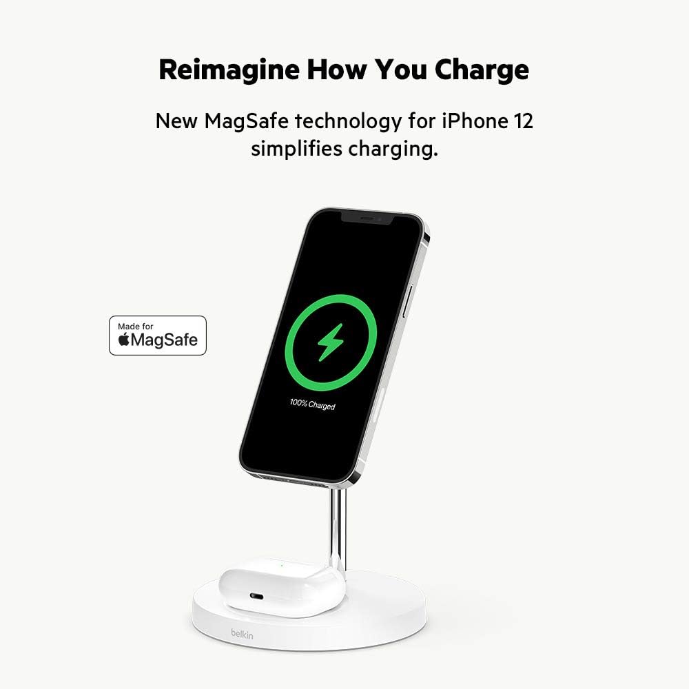 Belkin MagSafe 2-in-1 Wireless Charging Stand for Apple iPhone 13, 14, 15, 16, & AirPods - Fast Charging Station for Multiple Devices - White