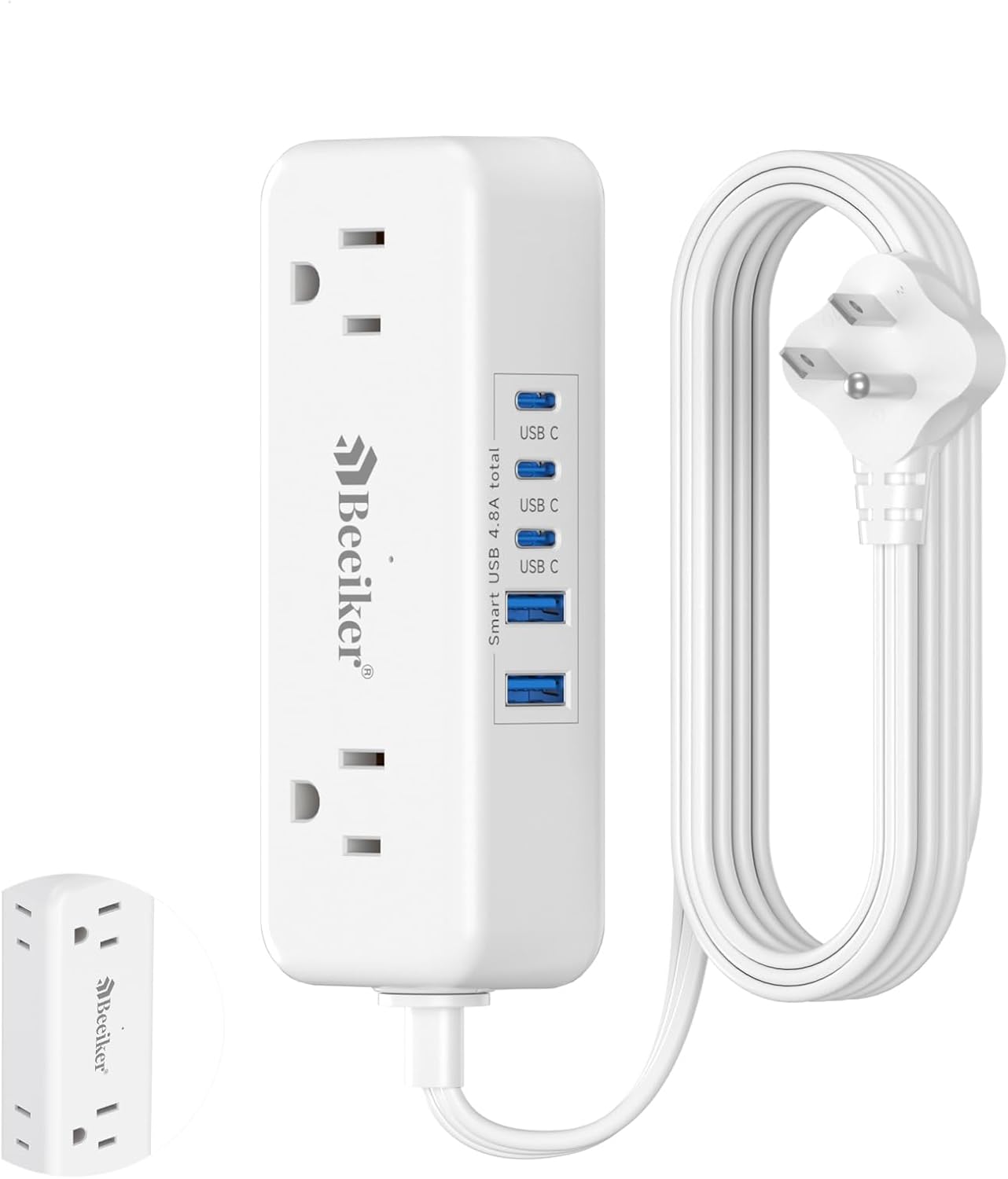 5 USB(3 USB C) Travel Power Strip- 5Ft Short Extension Cord with 5 USB Charging Station 24W/4.8A and 4 Wide Outlets, Compact Flat Plug Small Extension Cord for Travel Cruise College Dorm Office White