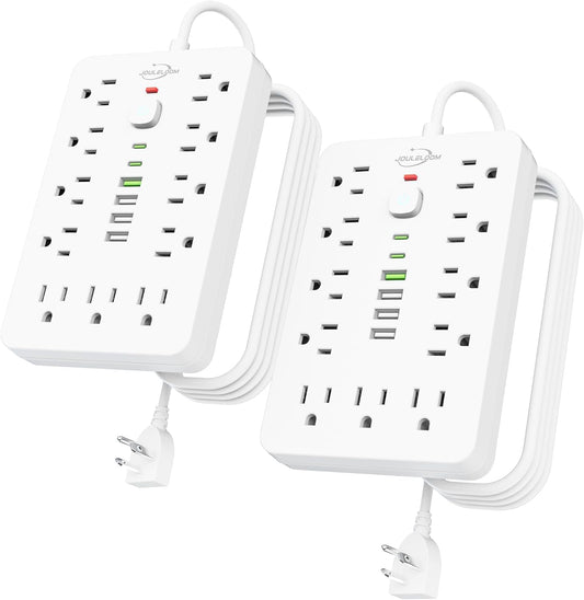 2 Pack 5 FT Flat Plug Surge Protector Power Strip,11 Multiple AC Outlets with 6 USB Ports (2 USB C), 5 Feet Extension Cord, 1250W/10A, One Touch Switch Button, 17 in 1 Compact powerstrip