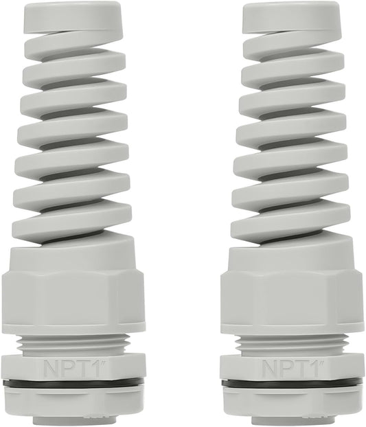 LeMotech 2Pcs NPT 1" IP68 Waterproof Cable Gland Flex Spiral Strain Relief Grey Nylon Joint with Gaskets for 18-25mm Wire Thread