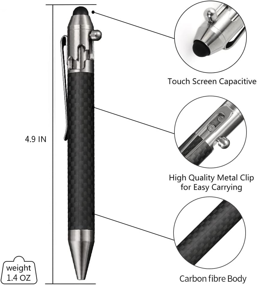 Cool Hand 4.9'' Carbon Fiber Bolt Action Pen with Retractable Stylus Tip for Any Touch Screen, Ballpoint Ink Refillable, Compact Size, Skelton Out Deep Pocket Clip (Carbon Fiber Silver)