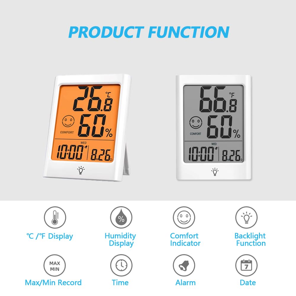 Digital Indoor Thermometer for Room, Smart Temperature Humidity Monitor with Backlight, Comfort Indicator, Max/Min Record, Time, Calendar, Alarm, °c/°f Switch for Bedroom, School