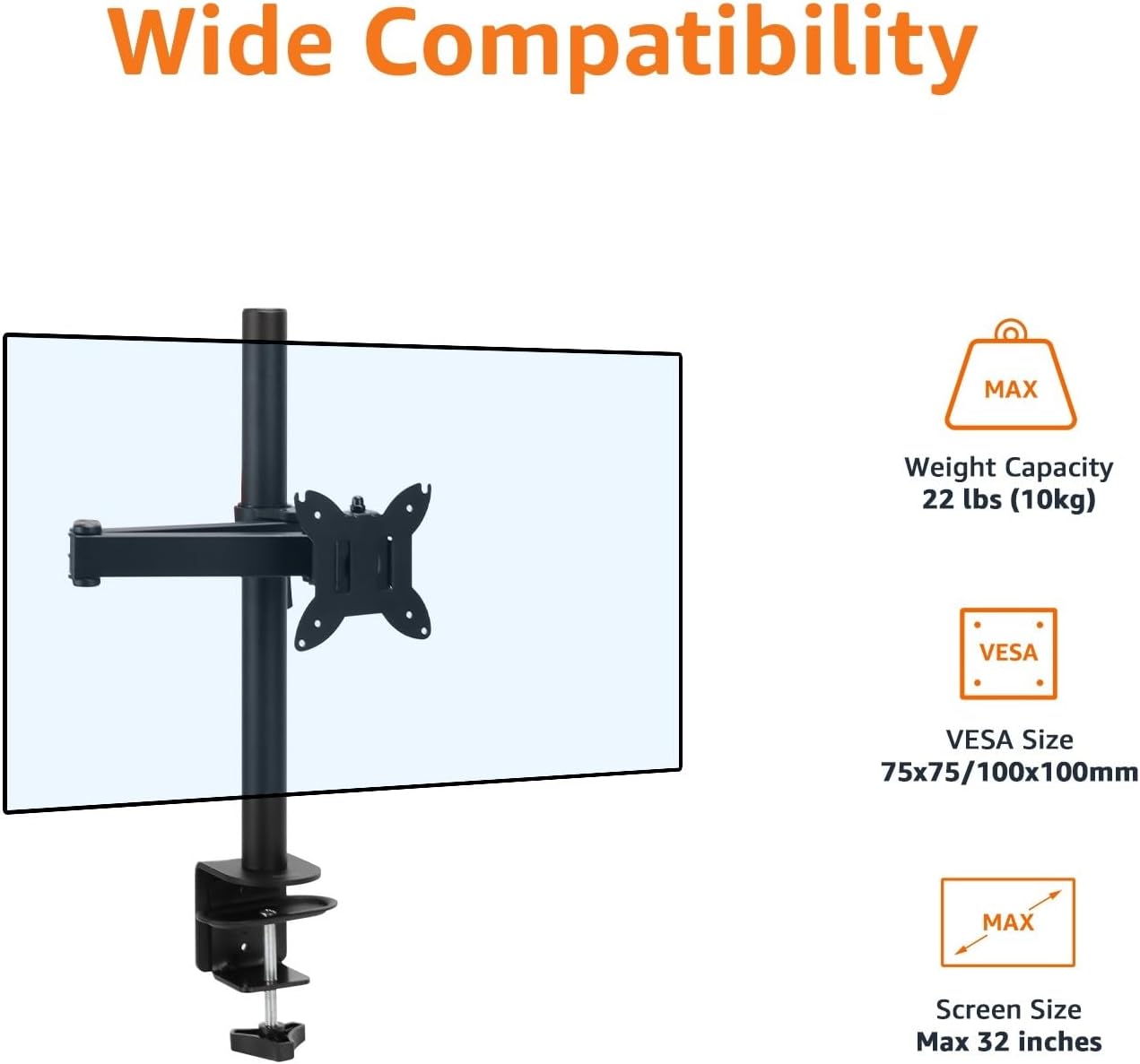 Amazon Basics Adjustable Single Computer Monitor Arm Mount, Holds up to 32" Monitors, Black