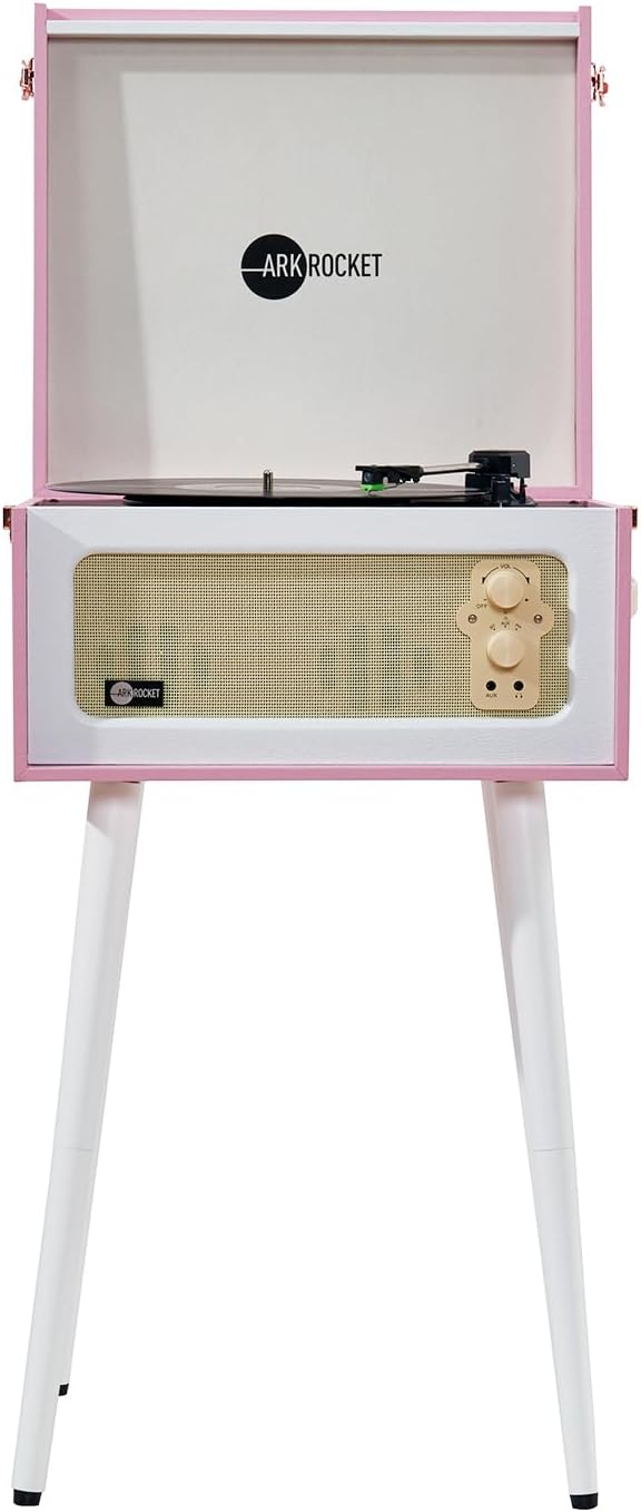 Arkrocket Discovery II 3-Speed Bluetooth Record Player Retro Console Turntable with Built-in Speakers and Removable Legs (Pink/White)