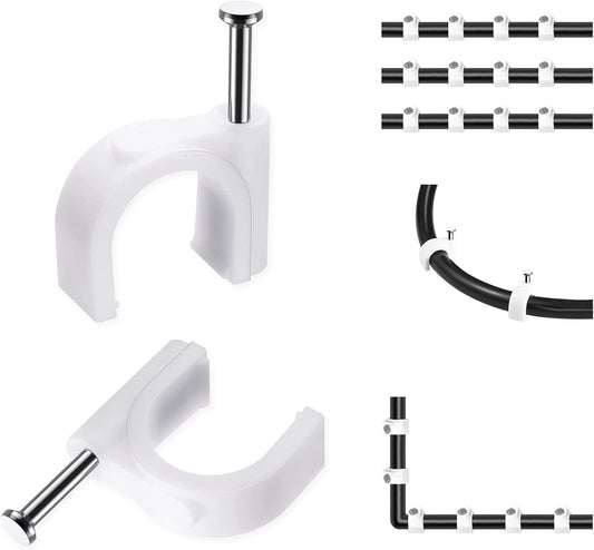 Cable Clips, 100 Pcs, 8mm, Wire Wall Clips with Steel Nails, Cable Management Organizer Clips, Cable Tacks Coax Holder Clips, RG6 RG59 CAT6 RJ45 Cable Cord Clips, White