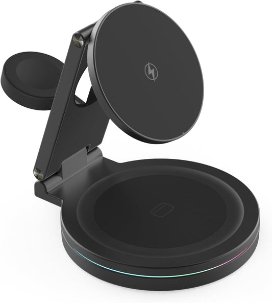 Foldable 360º Rotatable Zinc Alloy 3-in-1 Magnetic Wireless Charger, Charging Station, Charging Stand,15W for iPhone 12-16,5W for Apple Watches,AirPods(Adapter Included) (Black)