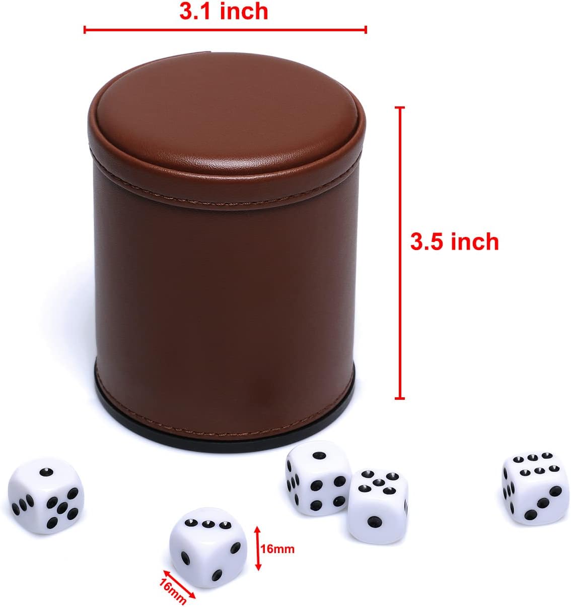 5 Pack PU Leather Dice Cups Felt Lining Quiet Shaker with 30 Dot Dice for Bar Party Yahtzee Farkle Dice Games