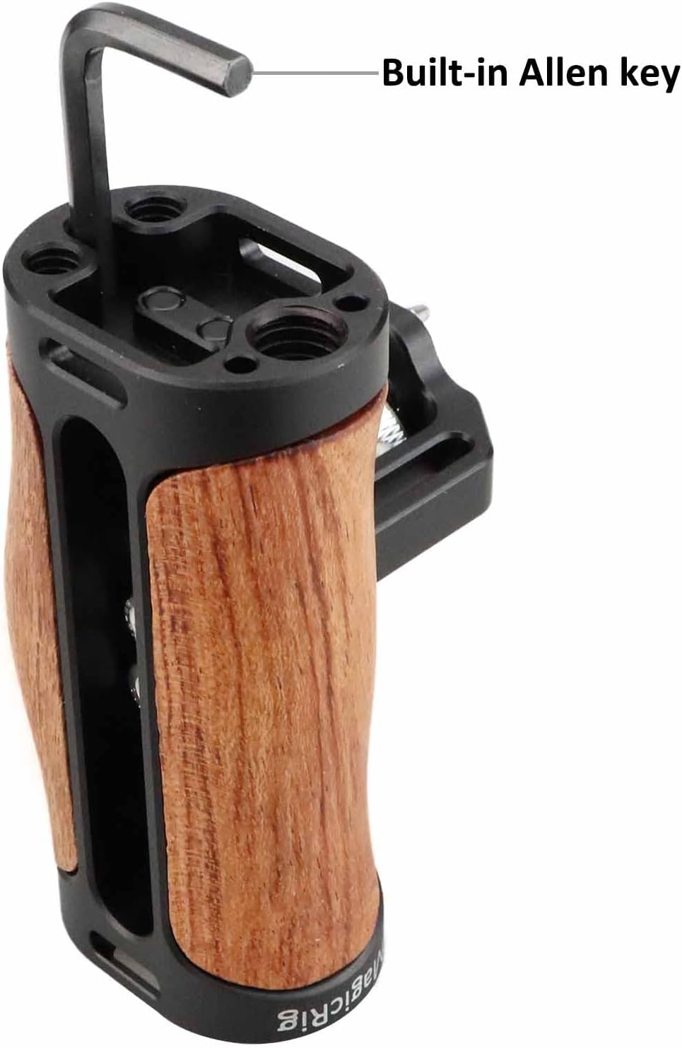 Locating Side Handle for ARRI Mount, Left/Right Mini Wooden Handgrip for DSLR Camera Cage, with Cold Shoe 1/4"-20 and 3/8"-16 ARRI Locating Threads, Up and Down Adjustable