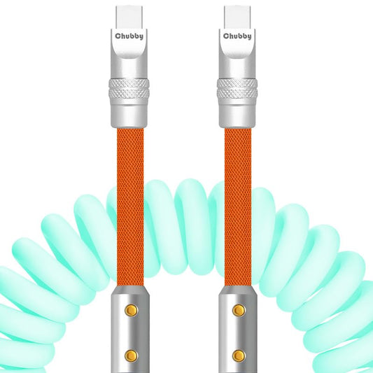 chubbycable Colorblock Chubby - Spring Braided Silicone Charge Cable Coiled USB C Cable Fast Charging Type C Charger Cord for Car, Light Blue+Orange, Type-C to Type-C, 2.29FT-3.6FT