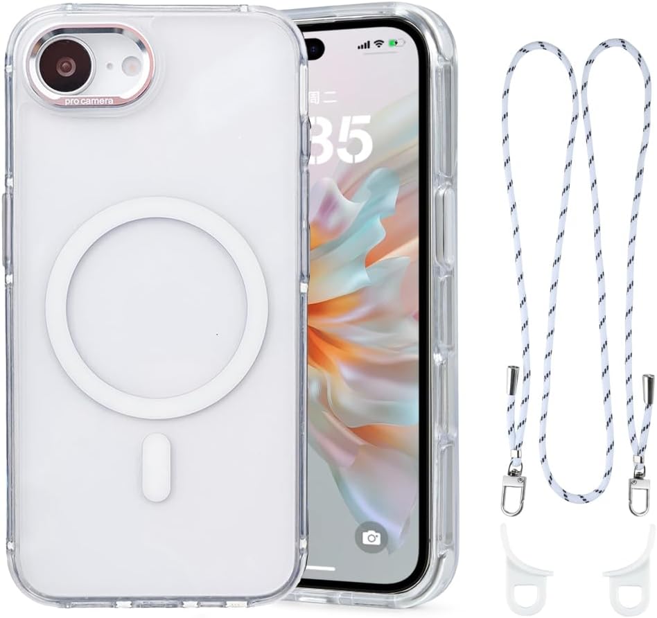 for iPhone 16e Case with Adjustable Phone Lanyard Strap, Compatible with MagSafe, Shockproof Military-Grade Protection, Magnetic Phone Case, Classic Clear White Hybrid Case, Yellowing Resistant