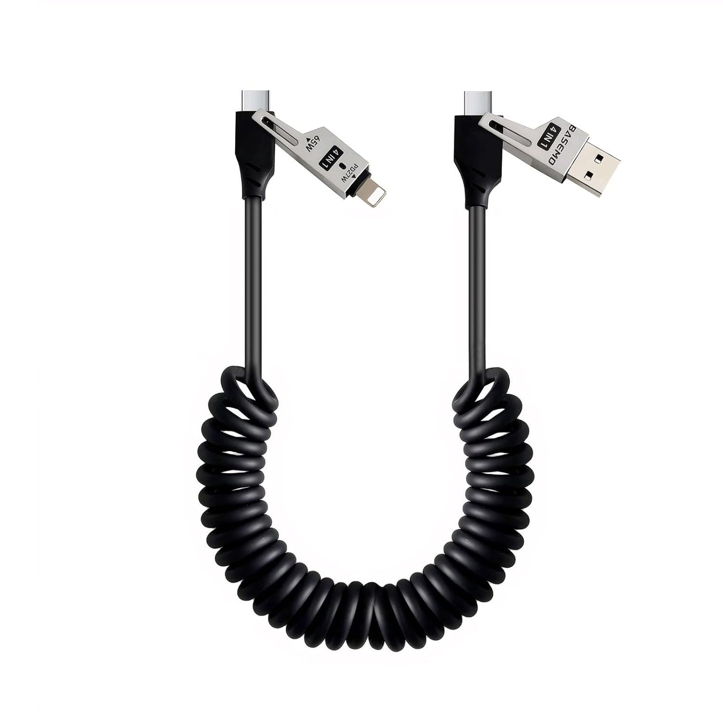 65W 4-in-1 Retractable Fast Charging Cable, 2M/6.5ft Spring Coiled USB-C to L/USB-C/USB-A Multi-Device Cord for iPhone 15/14/13, iPad, Samsung, MacBook, Laptop, Car, Tablet