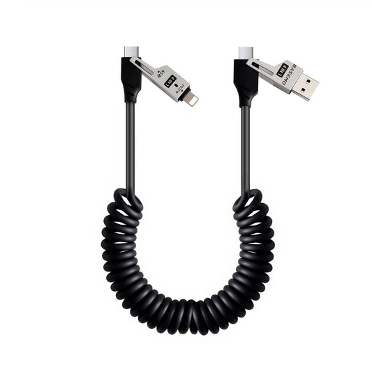 65W 4-in-1 Retractable Fast Charging Cable, 2M/6.5ft Spring Coiled USB-C to L/USB-C/USB-A Multi-Device Cord for iPhone 15/14/13, iPad, Samsung, MacBook, Laptop, Car, Tablet