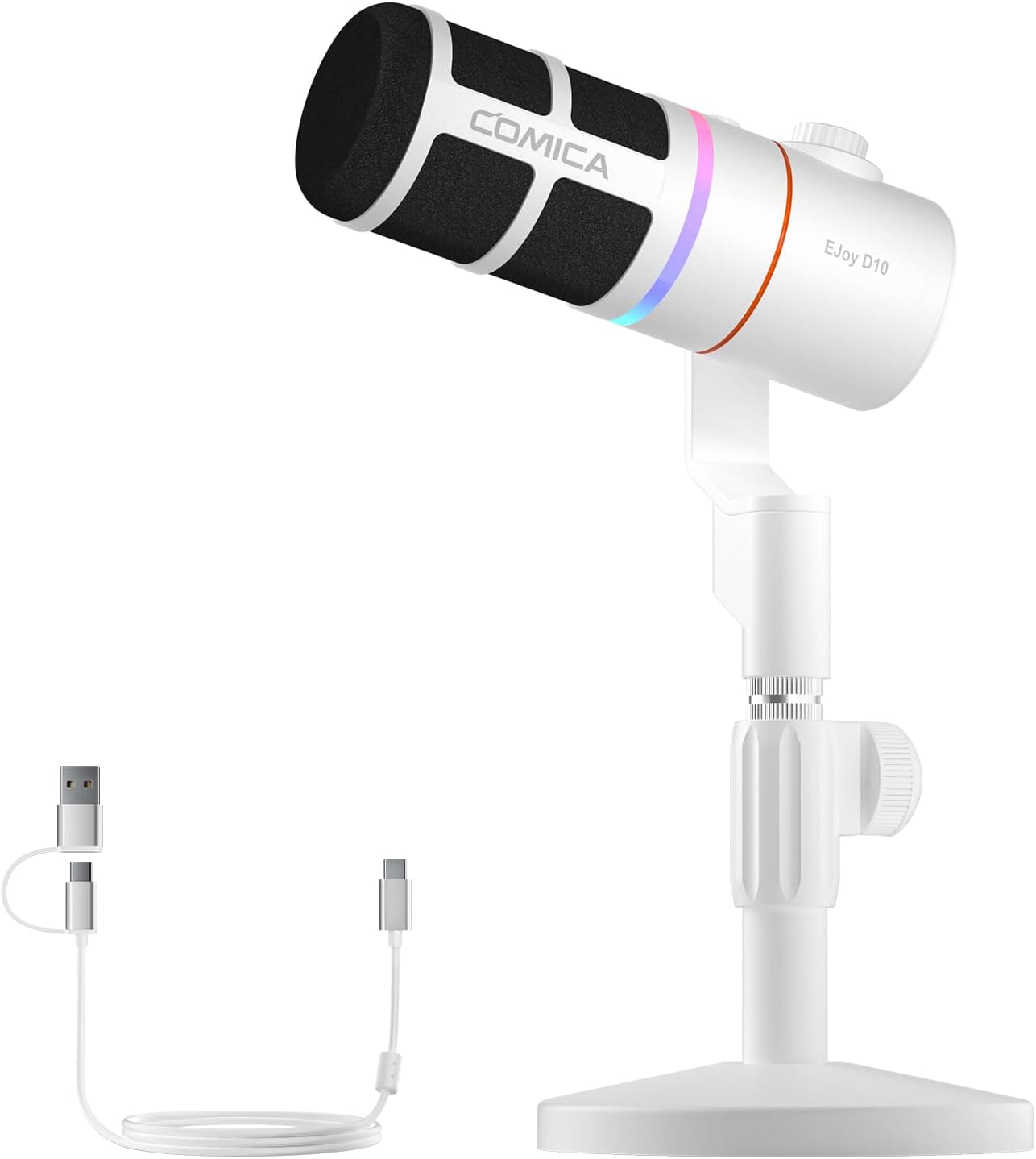 COMICA EJoy D10(D) USB Gaming Microphone – RGB Dynamic Mic with Noise Cancellation, XLR/USB-C, Real-Time Monitoring, Muting, Professional Studio Mic for Gaming, Streaming, Podcast, Recording (White)