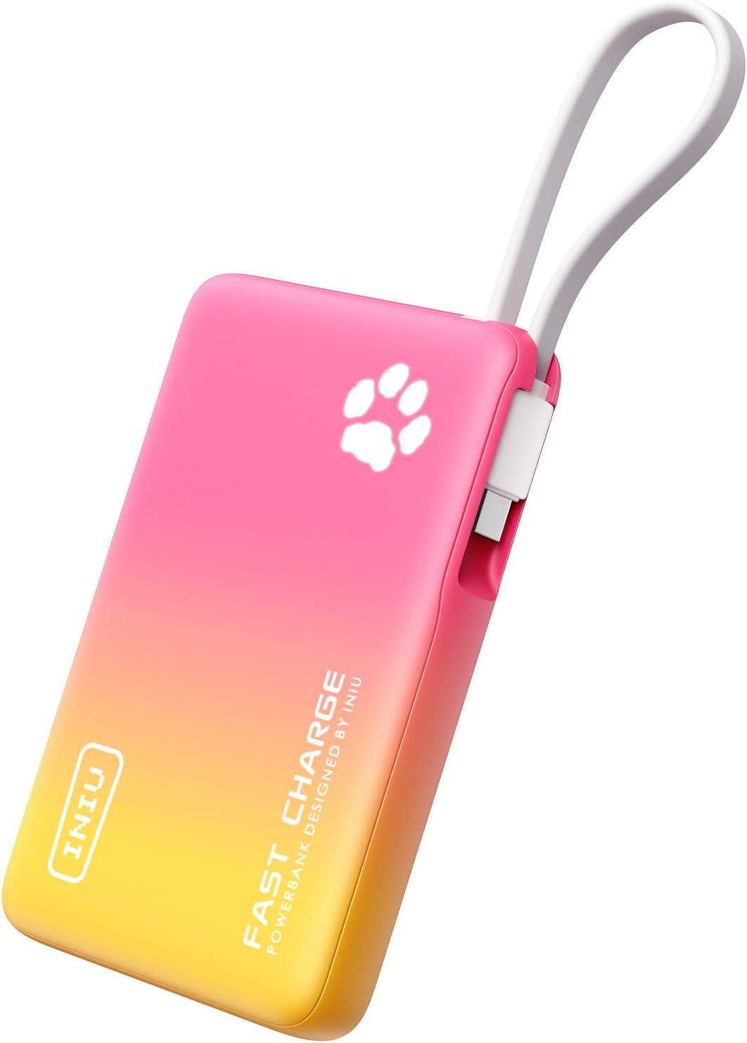 INIU PawGo Portable Charger, 45W PD 10000mAh Fast Charging Slim Power Bank, Built-in USB C Cable Battery Pack, Travel Essentials Powerbank for iPhone 16/15 Pro Max, Samsung S25/S24 etc, Sunset Burst