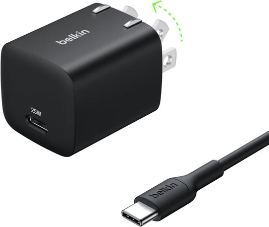 Belkin USB C Charger Block 25W - USB C Cable Included – PD3.0 PPS Fast Charging for Samsung Galaxy S25, S24, S23, Apple iPhone 16, iPhone 15/14/13 Pro, Google Pixel 9, Nintendo Switch, etc - Black