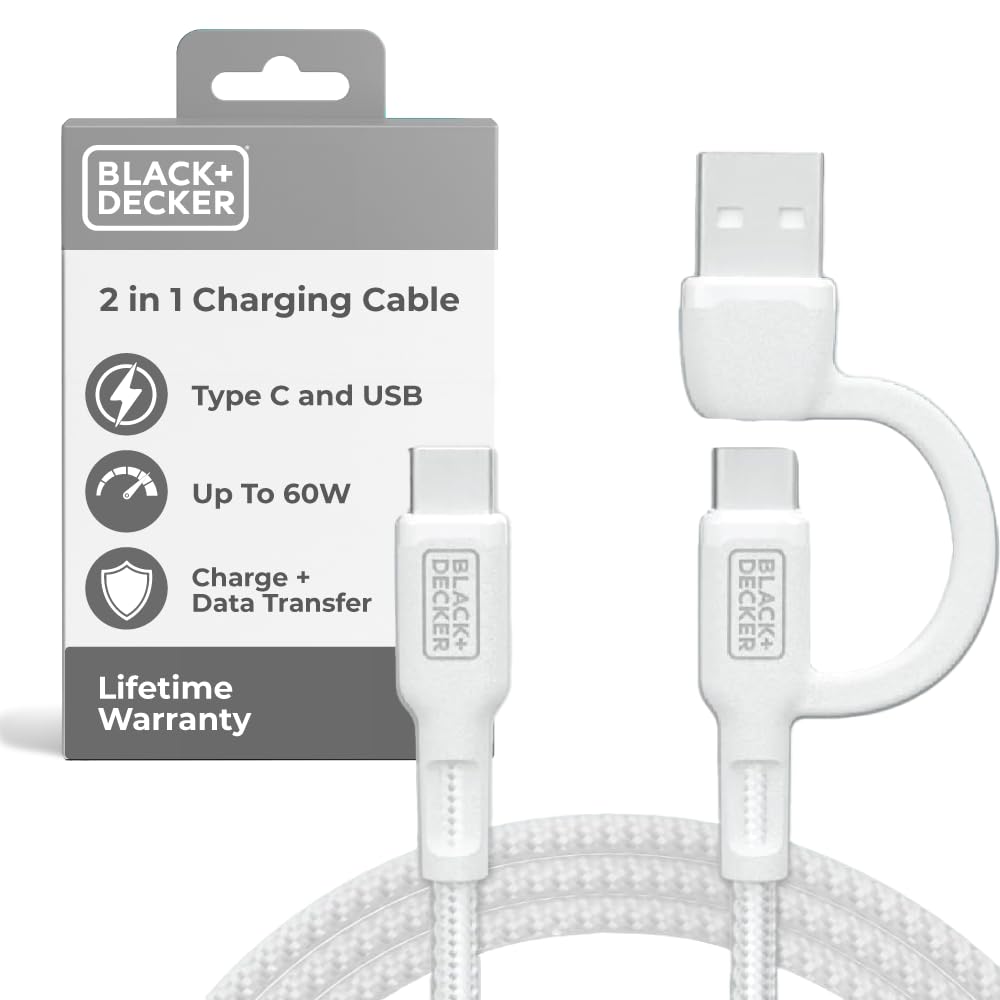 BLACK+DECKER USB C Multi Charging Cable, Fast Multi Charger Cable w/Adapter, Braided 2 in 1 Multiple USB Cable, Universal Charging Cord w/Type C/USB Adapter for iPhone 16 15/Samsung/LG/Tablets/More
